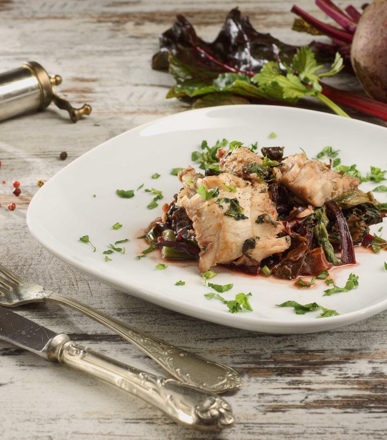 Perch fillets with chard and beet greens